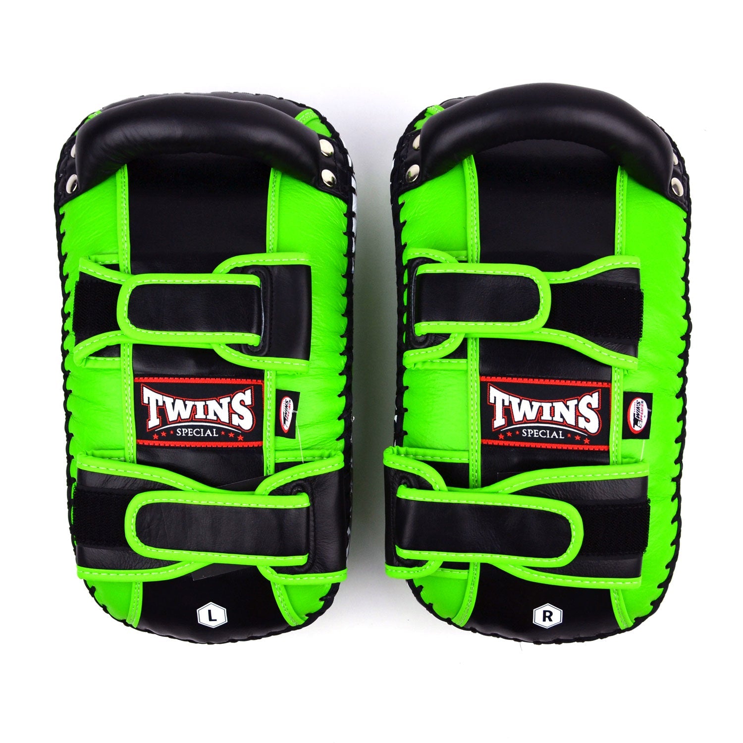 KPL10 Twins Curved Leather Thai Kick Pads Green-Black